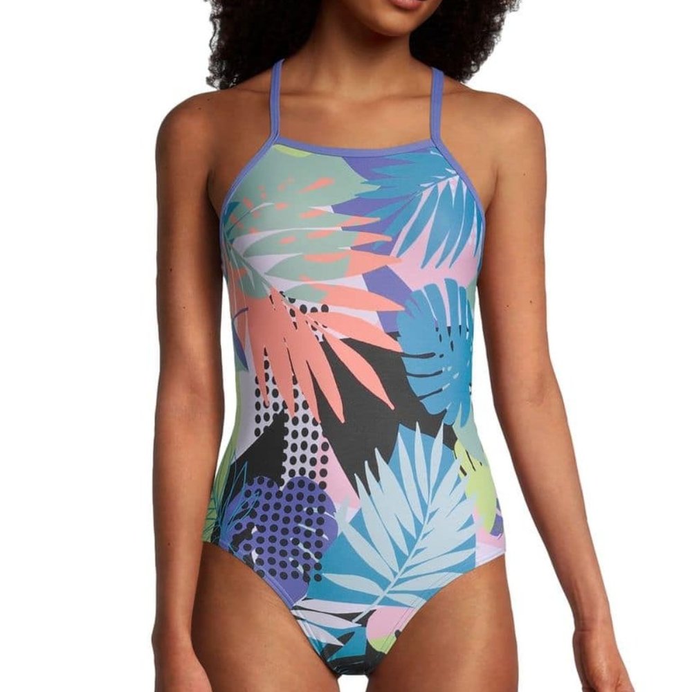 NWT SPEEDO WOMEN’S BLACK/TURQUOISE DOUBLE X BACK ONE PIECE SWIMSUIT $74.99